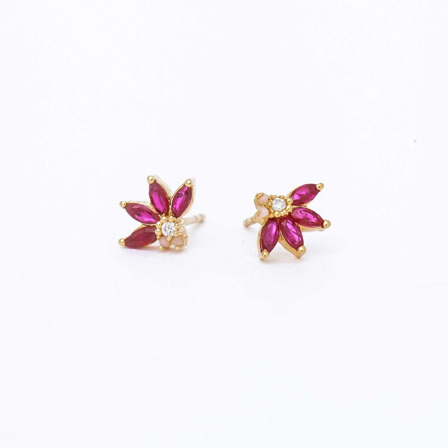 Earrings Adina Reyter | Amalfi Ruby & Diamond & Pink Opal Half Flower Studs