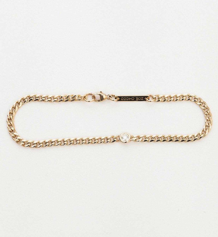 Bracelets Zoe Chicco | Small Curb Chain Bracelet With Single Floating Diamond