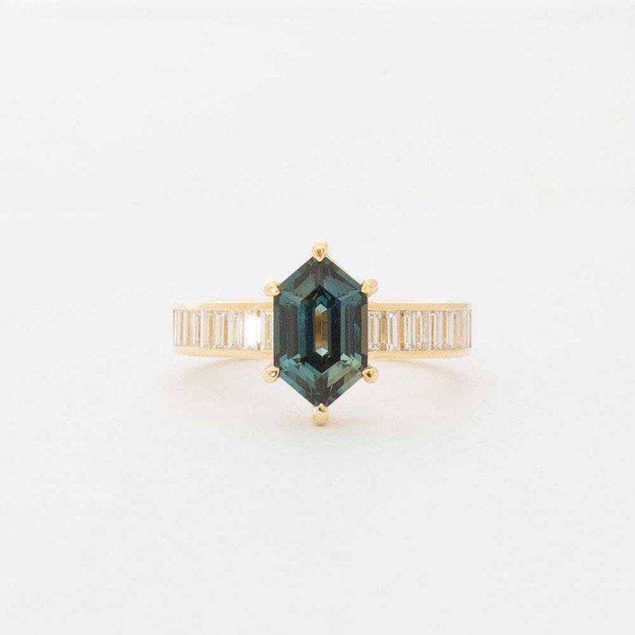 Rings The Future Fine | 2.15 Ct Hexagonal Teal Sapphire Cascade Solitaire