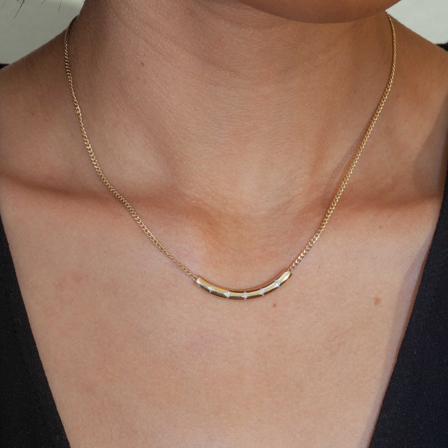 Necklaces And Pendants Zoe Chicco | Extra Small Curb Chain With Diamond Curved Chubby Bar Necklace