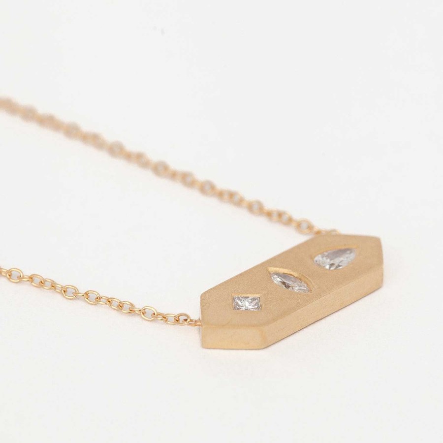 Necklaces And Pendants Zoe Chicco | Diamond Mosaic Brushed Gold Horizontal Hexagon Tag Necklace