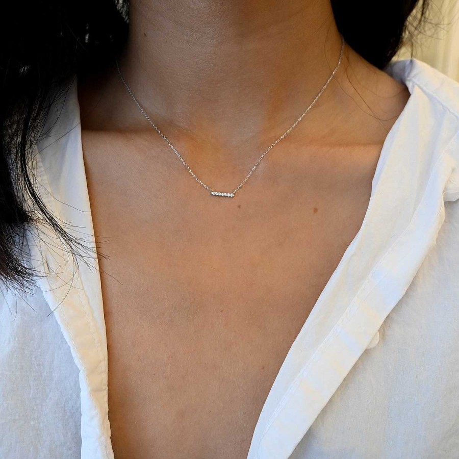 Necklaces And Pendants Vale | White Gold 7 Diamond Pav Bar Necklace